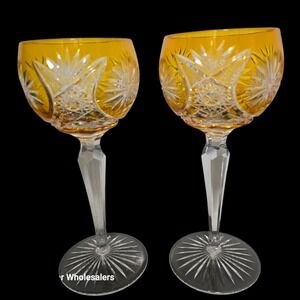 Val St. Lambert Yellow Cut Crystal Wine Glasses Set of 2 Vintage Etched Stemware